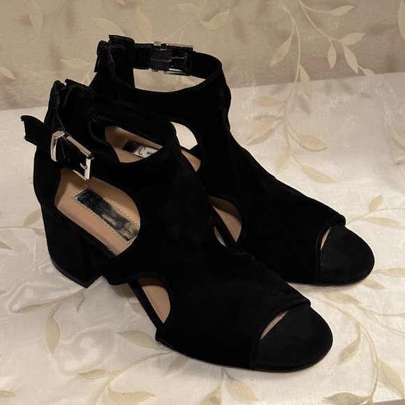 I.N.C Helenn Leather Suede Ankle Strap Bootie Shoe Size 7.5 Black Open Toe - Picture 3 of 12